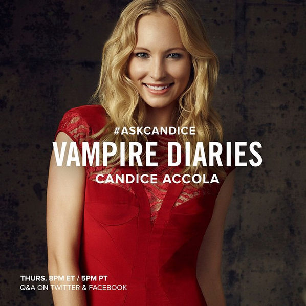 March 12: Tonight is the night! @thecwtvd is back and to celebrate I'm going to be watching with you and answering questions on Twitter and Facebook at 8pm ET. #AskCandice #TVD
